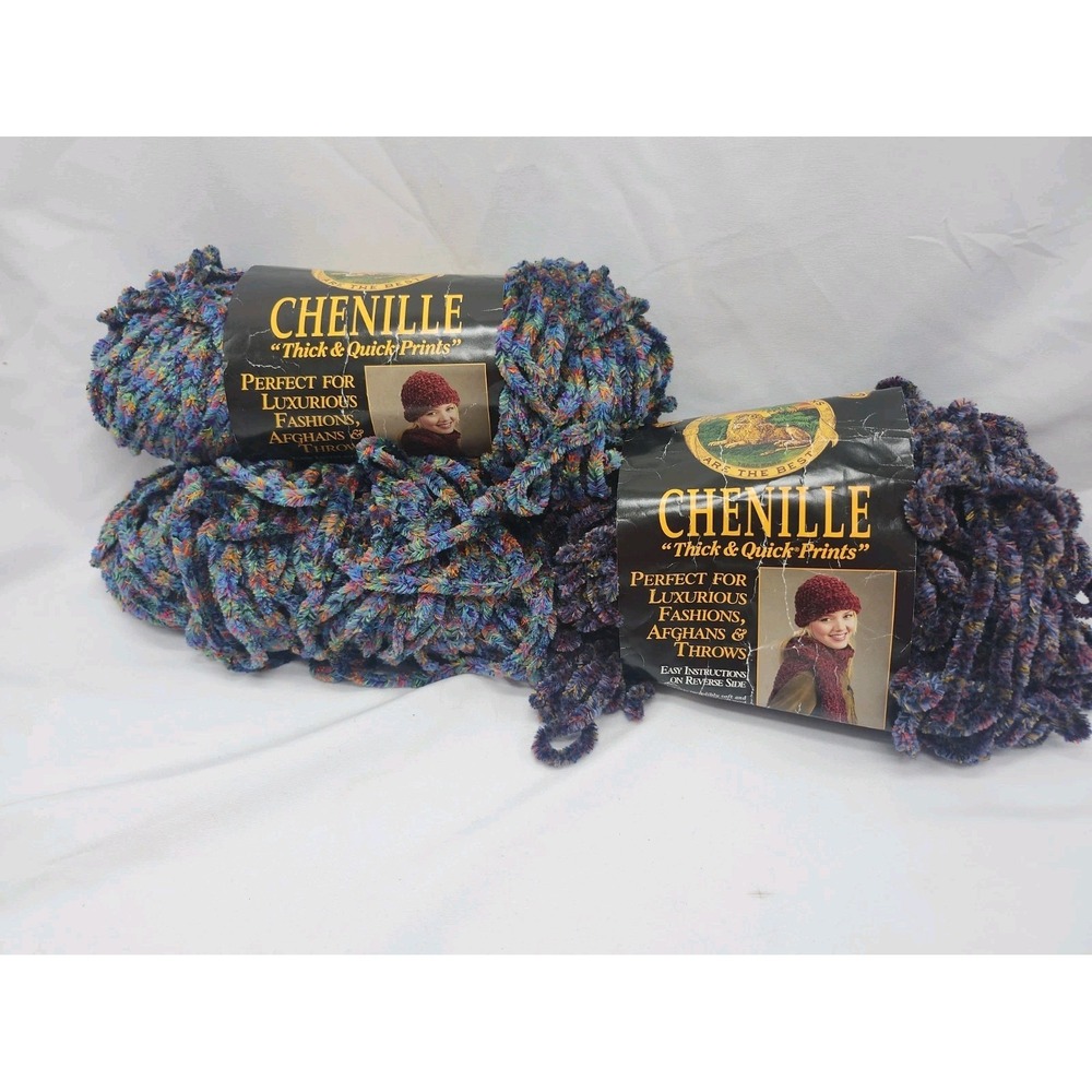 Lot 3 Lion Chenille Thick & Quick skeins yarn 2 Rainbow Denim 1 Sapphire Print